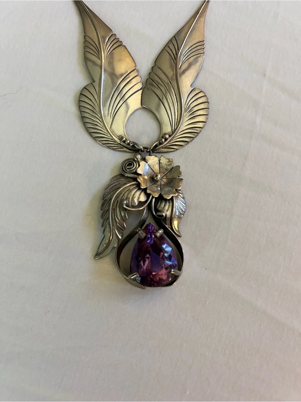 Vintage-Inspired Silver Tone Necklace & Earring Set with Purple Amethyst Pendant